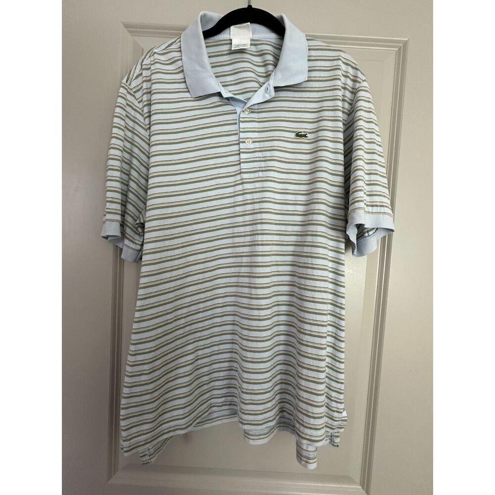 Lacoste Striped Blue Green Collared Polo Short Sleeve Shirt Men's Sz 7
